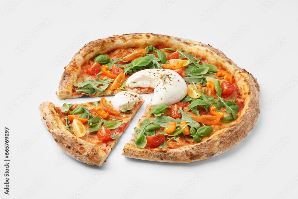 Tasty pizza with Burrata cheese on white background