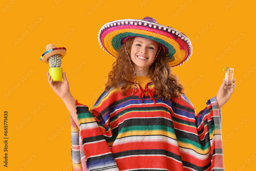 Happy Mexican woman with tequila and cactus on yellow background