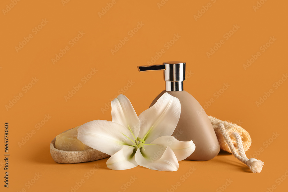 Set of spa accessories with beautiful lily flower on color background