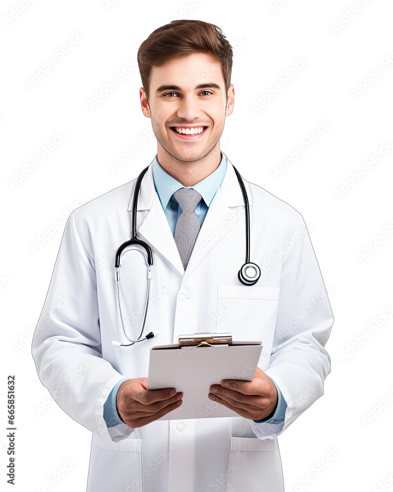 Young Pharmacist with stethoscope and paperIsolated on a Transparent Background