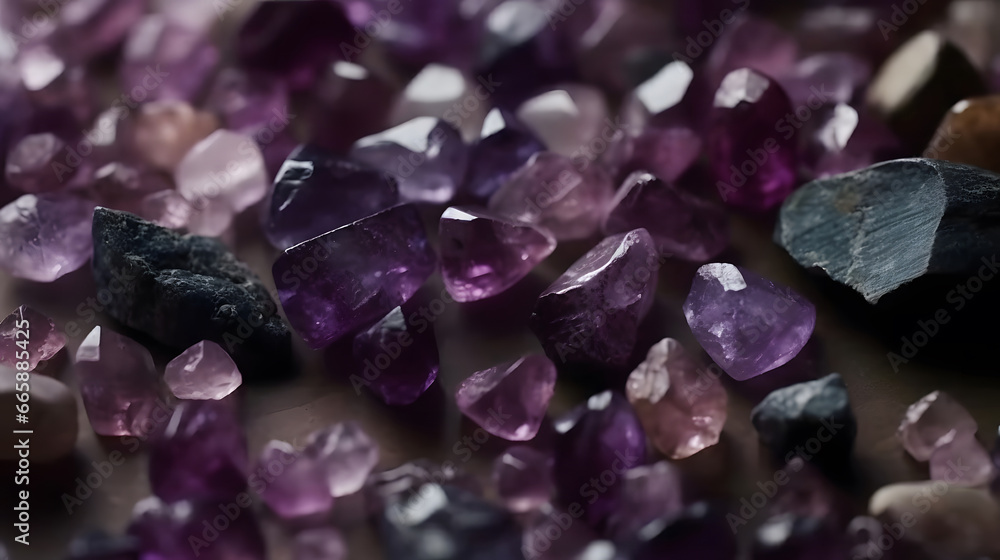 Amethyst geode on black background. Beautiful natural crystals gemstone. Extreme close up macro shot.