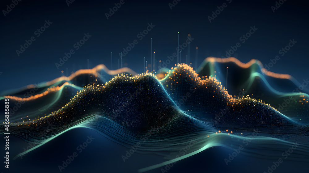 Data technology futuristic illustration. mountain of bright particles. Technological 3D landscape. Big data visualization. Network of dots connected by lines. Abstract digital background. 