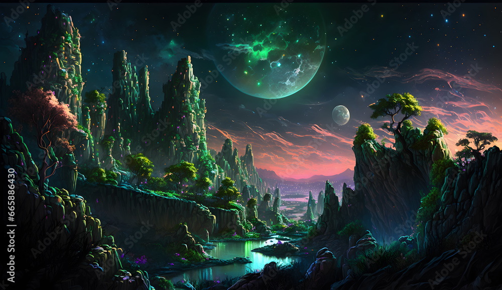 landscape with the moon and stars, fantasy background lanscape, Digital painting background