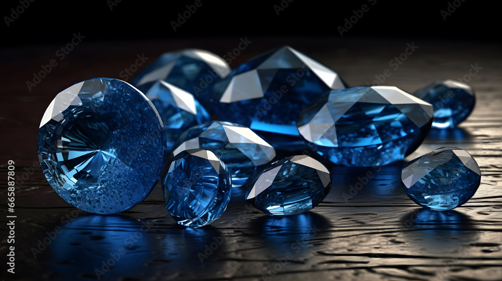 Close-up of a bright blue sparkling sapphire mineral. blurred background