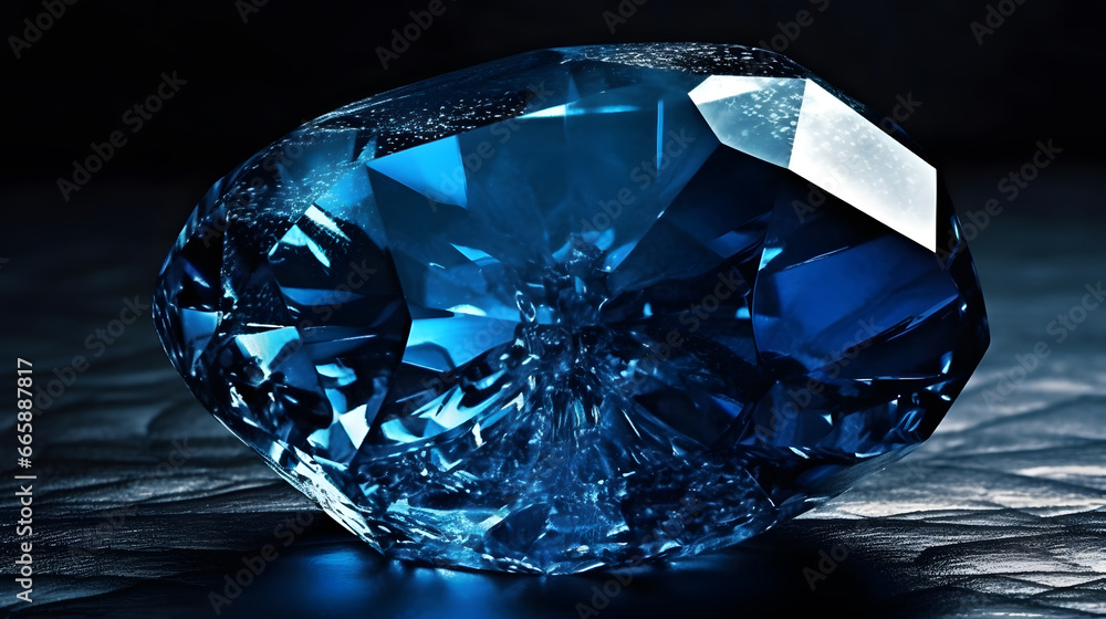 Close-up of a bright blue sparkling sapphire mineral. blurred background