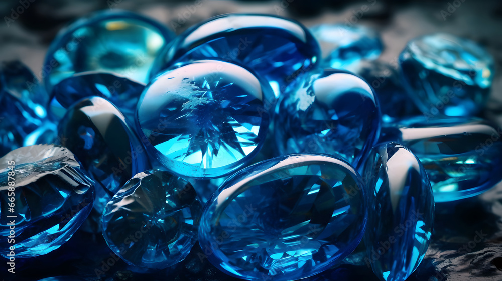 Close-up of a bright blue sparkling sapphire mineral. blurred background