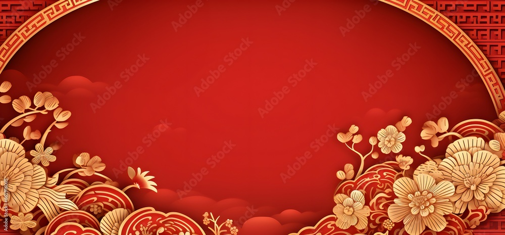 gold flowers on red background with golden frame