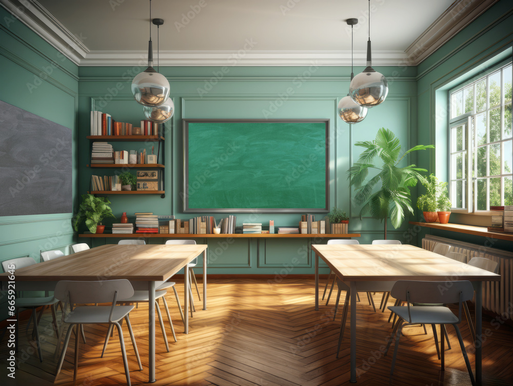 Green classroom interior with wooden floor and green wall. Mock up. Generative AI