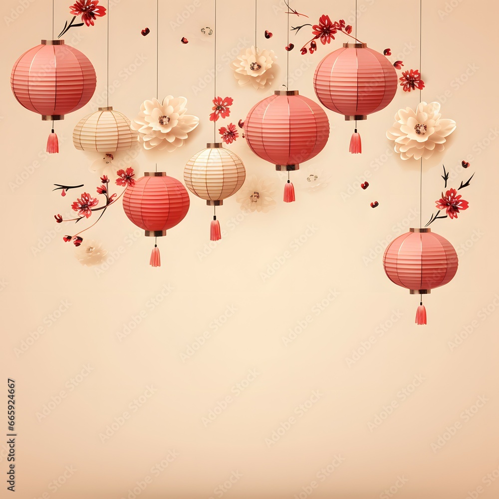 oriental style background with chinese lanterns dand cherry blossom