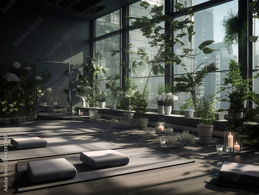 interior of a modern yoga studio with large windows. Generative AI