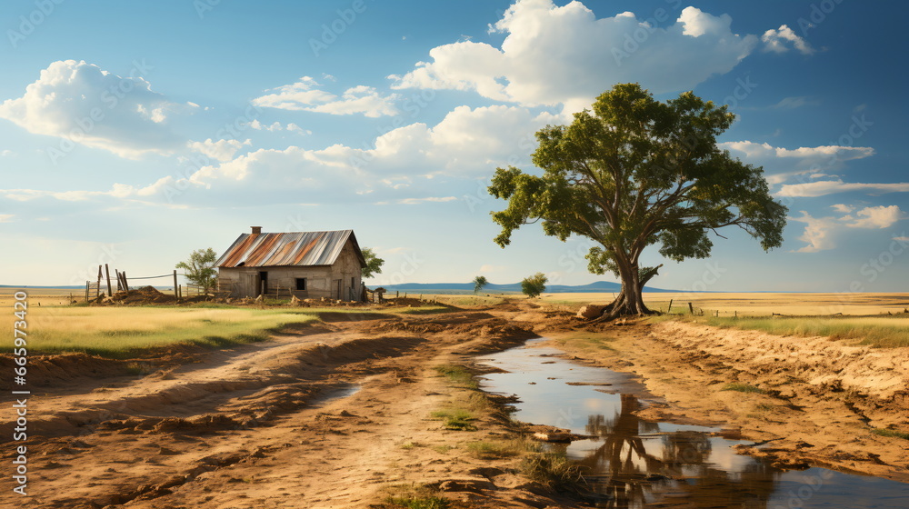 Small House and Trees on the Plains with Muddy Dirt Road