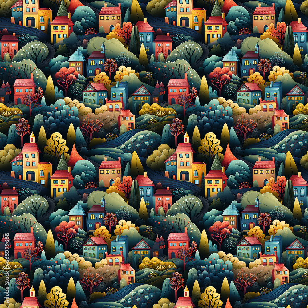 little town in vivid colors. Seamless pattern.