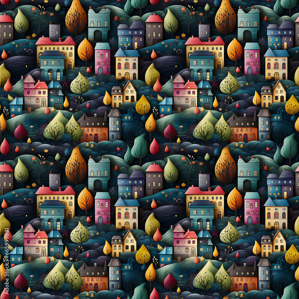 little town in vivid colors. Seamless pattern.