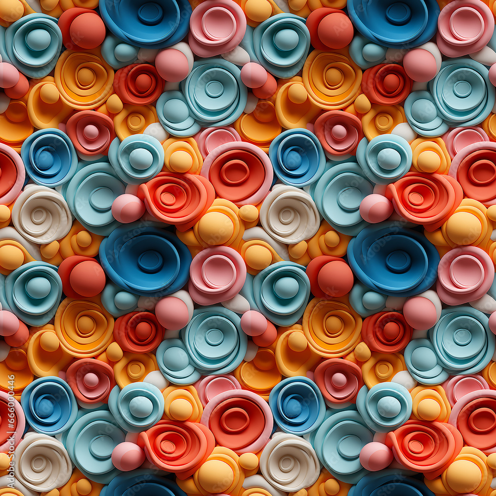 3d plasticine circle soft colors. Seamless pattern.