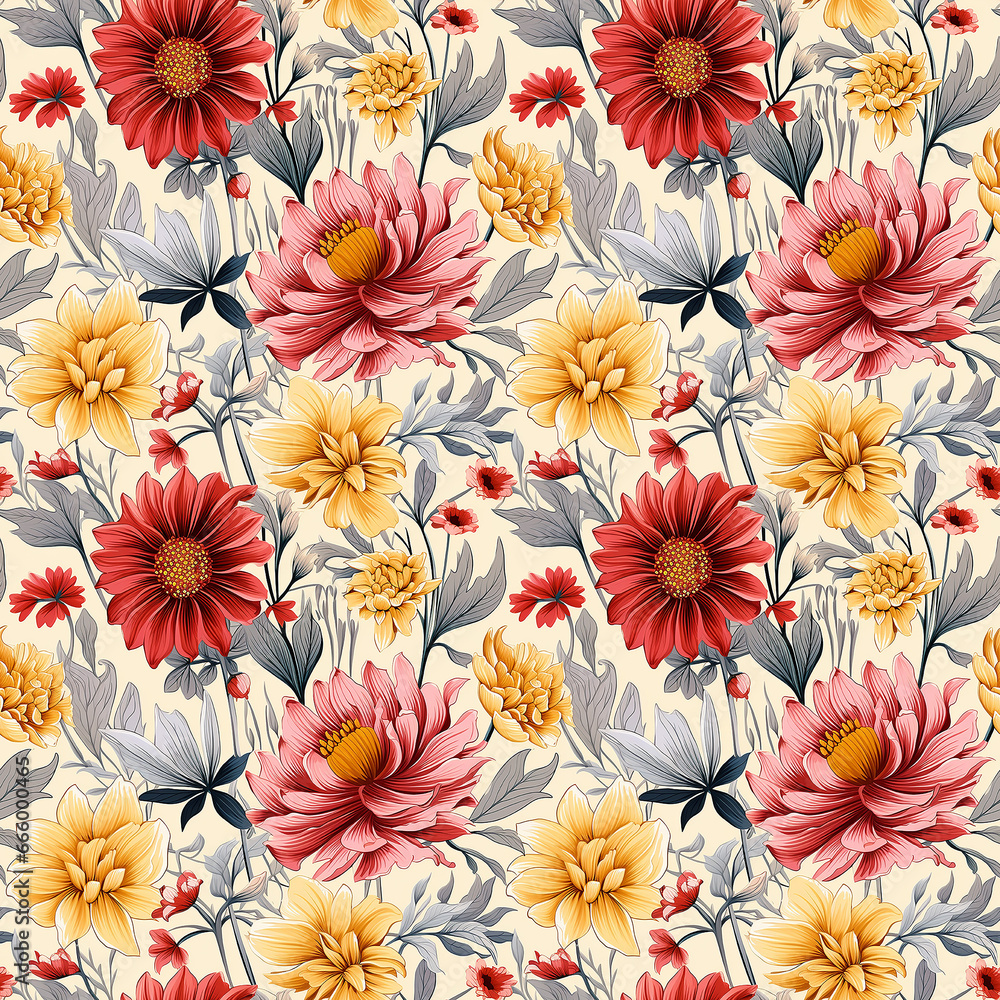 retro flowers botanical illustration. Seamless pattern.