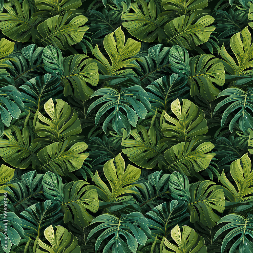 green palm leaves. Seamless pattern.