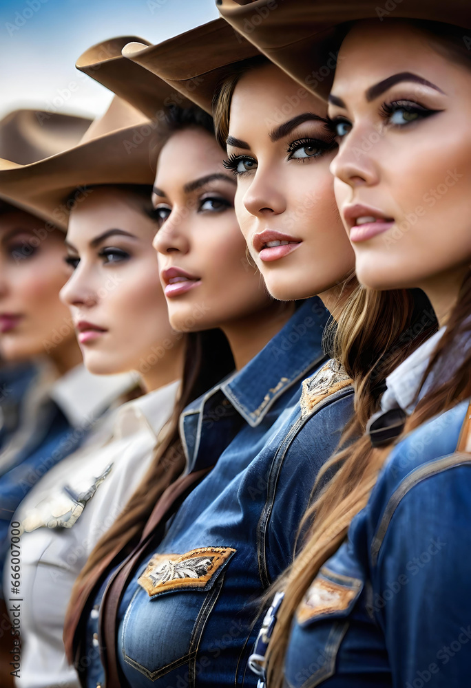 beautiful cowgirls in a row. close up portrait illustration. generative ai