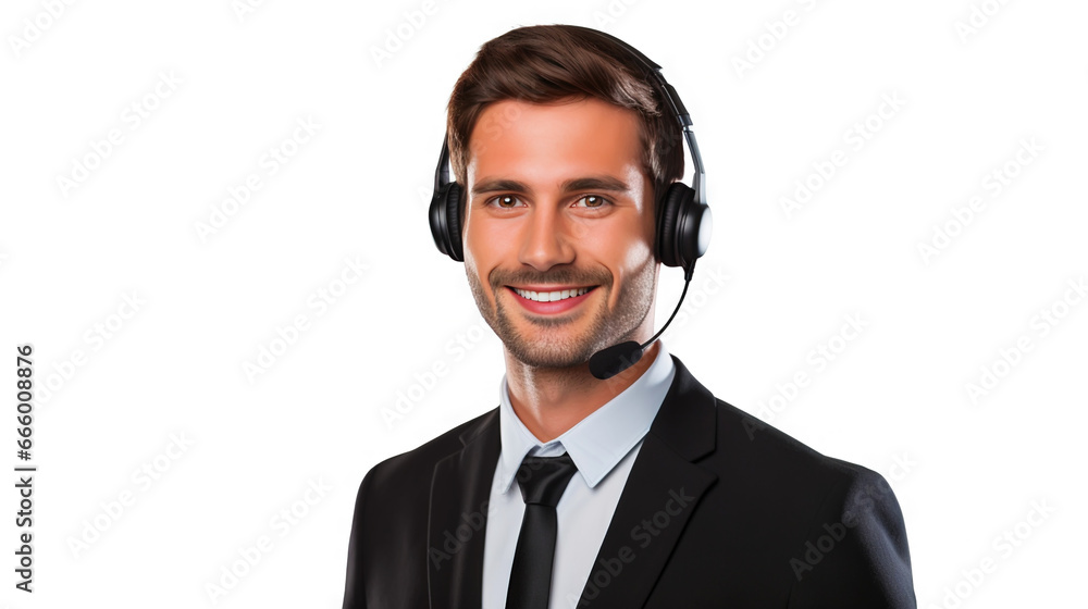 Male customer service representative in headset consulting clients online. Call center agent. Generative AI