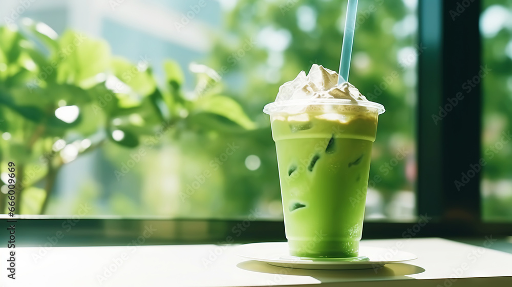 Closeup of iced matcha latte in a stylish glass on sunny background in front of the window in a cafe. Generative AI