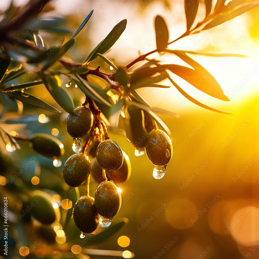 Closeup of olives with dew drops on the branch of olive tree on the sunset. Generative AI