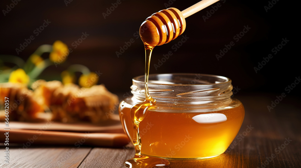 Close-up of a jar of honey, a dipper with dripping honey, on a wooden table with dark background. Generative AI