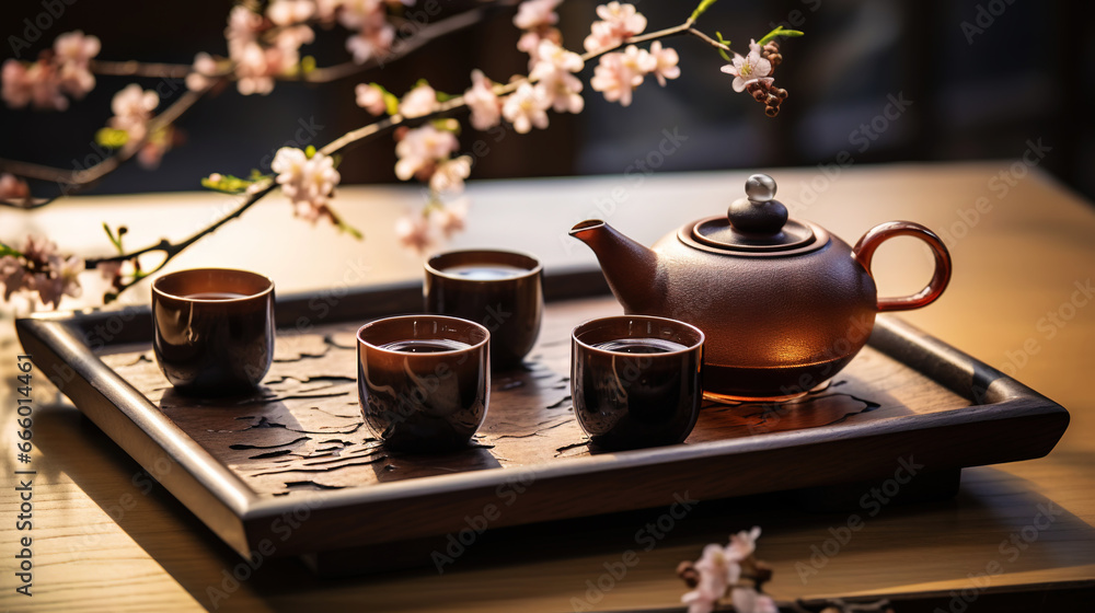 Tea ceremony, traditional teapot and ceramic cups on wooden tray on dark background with sakura blossoms. Generative AI