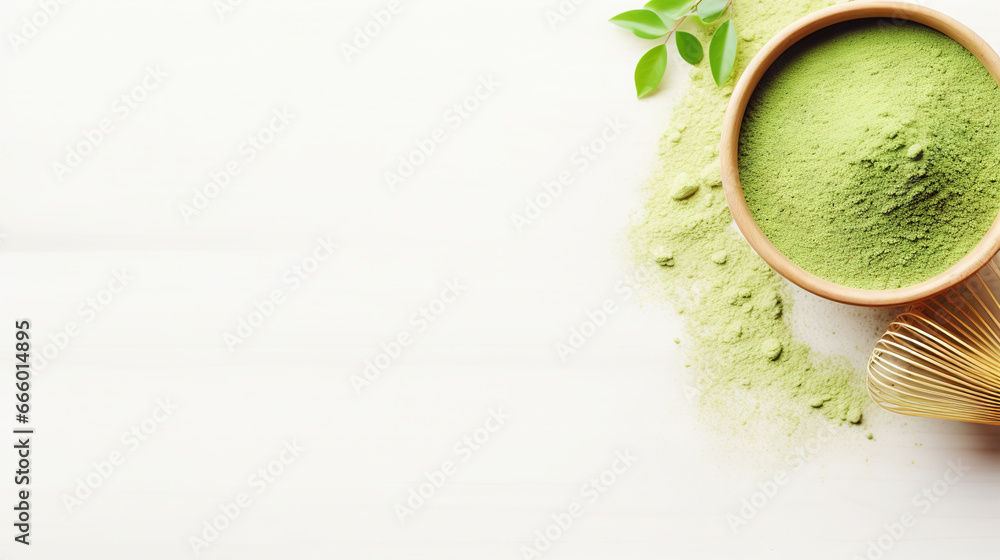 Matcha tea powder in a wooden plate on light wooden background with whisk, top view, copy space. Generative AI