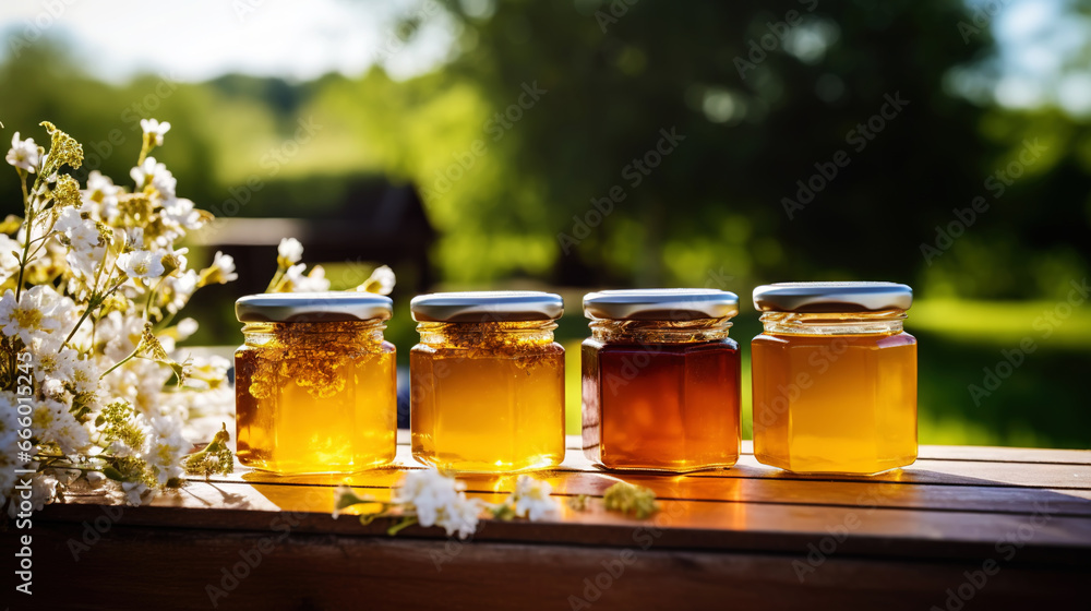 Jars with different types of organic flower honey on a wooden table in an apiary. Generative AI