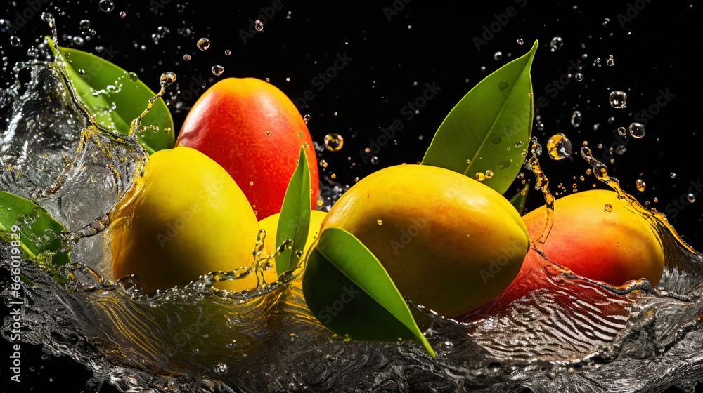 Fresh mangoes with water splashes on black background. Generative AI