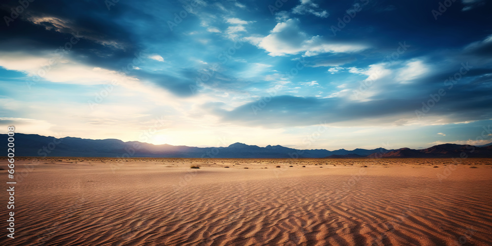 Dramatic sky over desert. Dark clouds over sand dunes. Generative AI