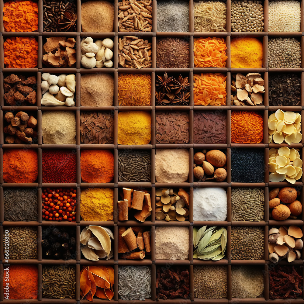 Collection of different aromatic spices and seeds in a wooden cells on black background, view from above. Generative AI