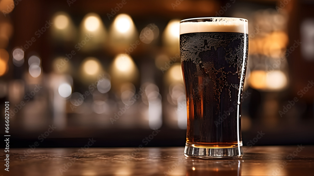 Glass of beer on wooden table,  blurred background