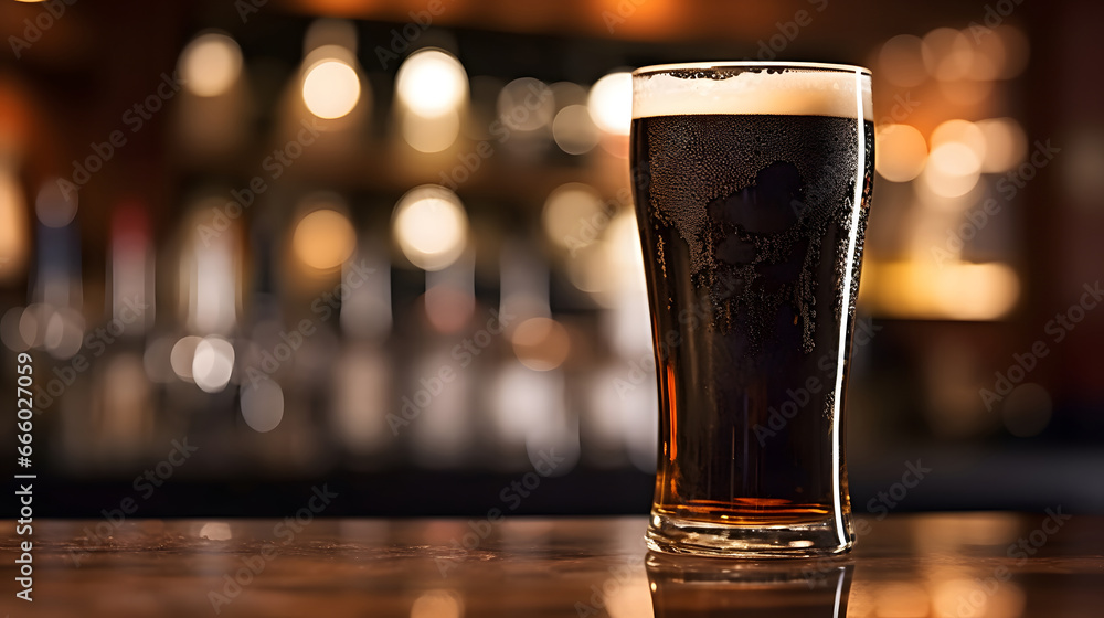 Glass of beer on wooden table,  blurred background