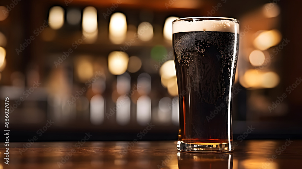 Glass of beer on wooden table,  blurred background