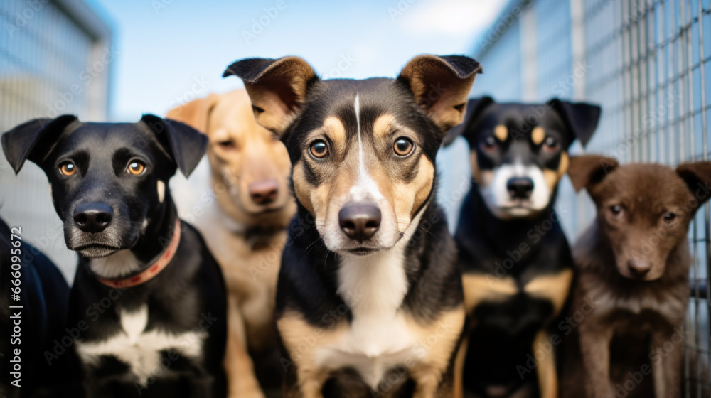 Several abandoned puppies stand and look with sad eyes, wanting to find a home and owner. dogs waiting to feed, eyes filled with anticipation, Concept of adopting a pet from a shelter.