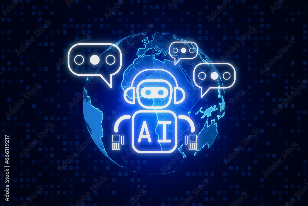 Creative glowing robot and globe ai hologram on dark blue pixels background. Machine learning, artificial intelligence and innovation concept. 3D Rendering.