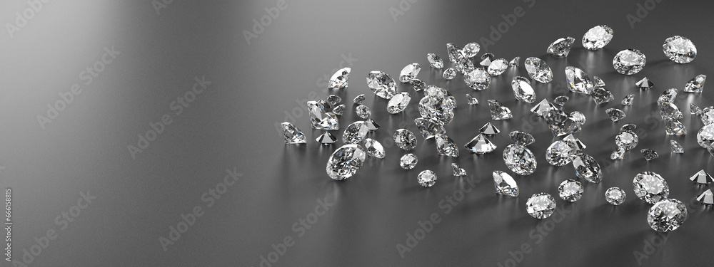 Group of diamonds placed on glossy background, 3d Rendering.