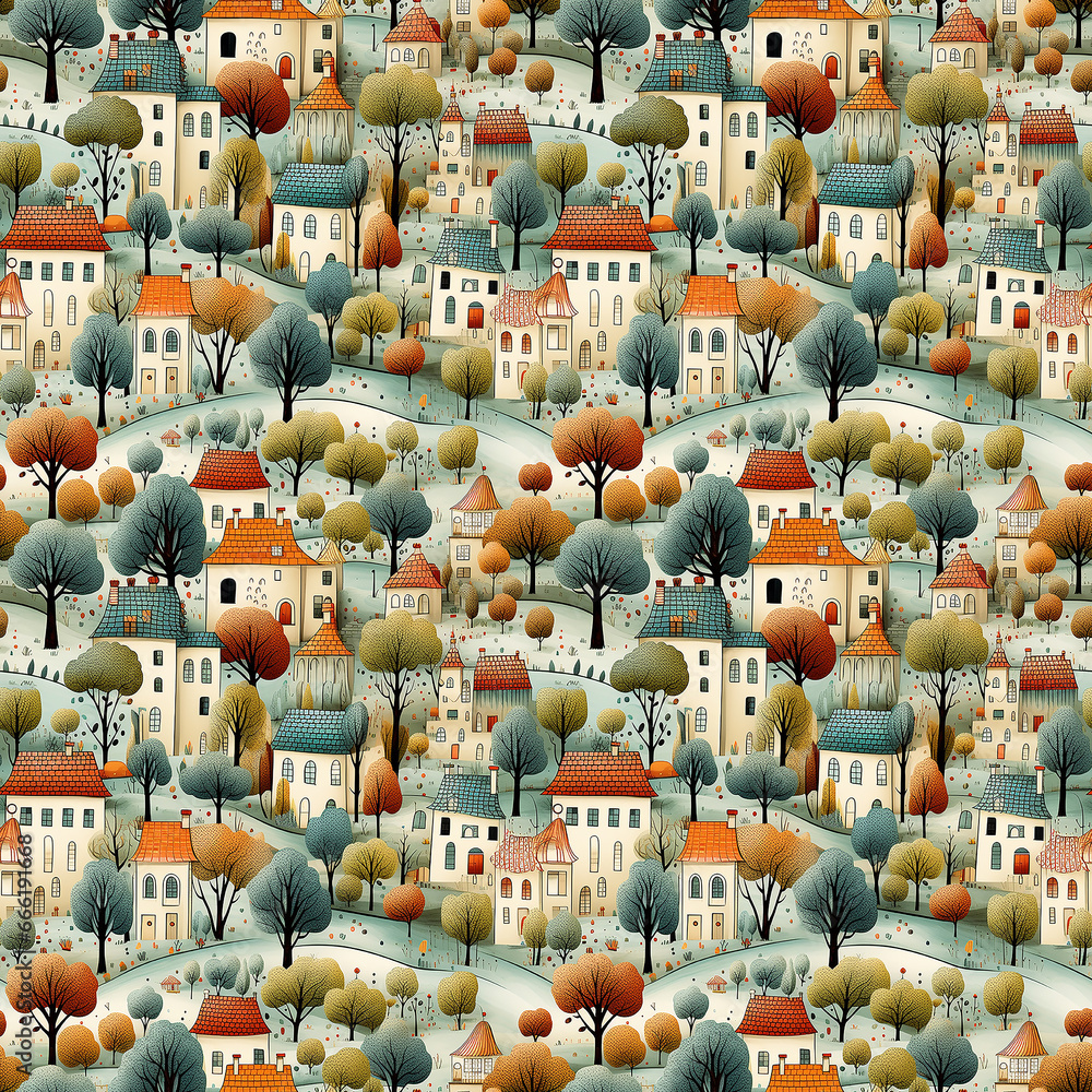 little town. naive art. Seamless pattern.