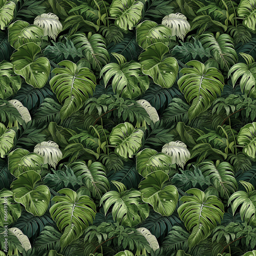 green palm leaves. Seamless pattern.