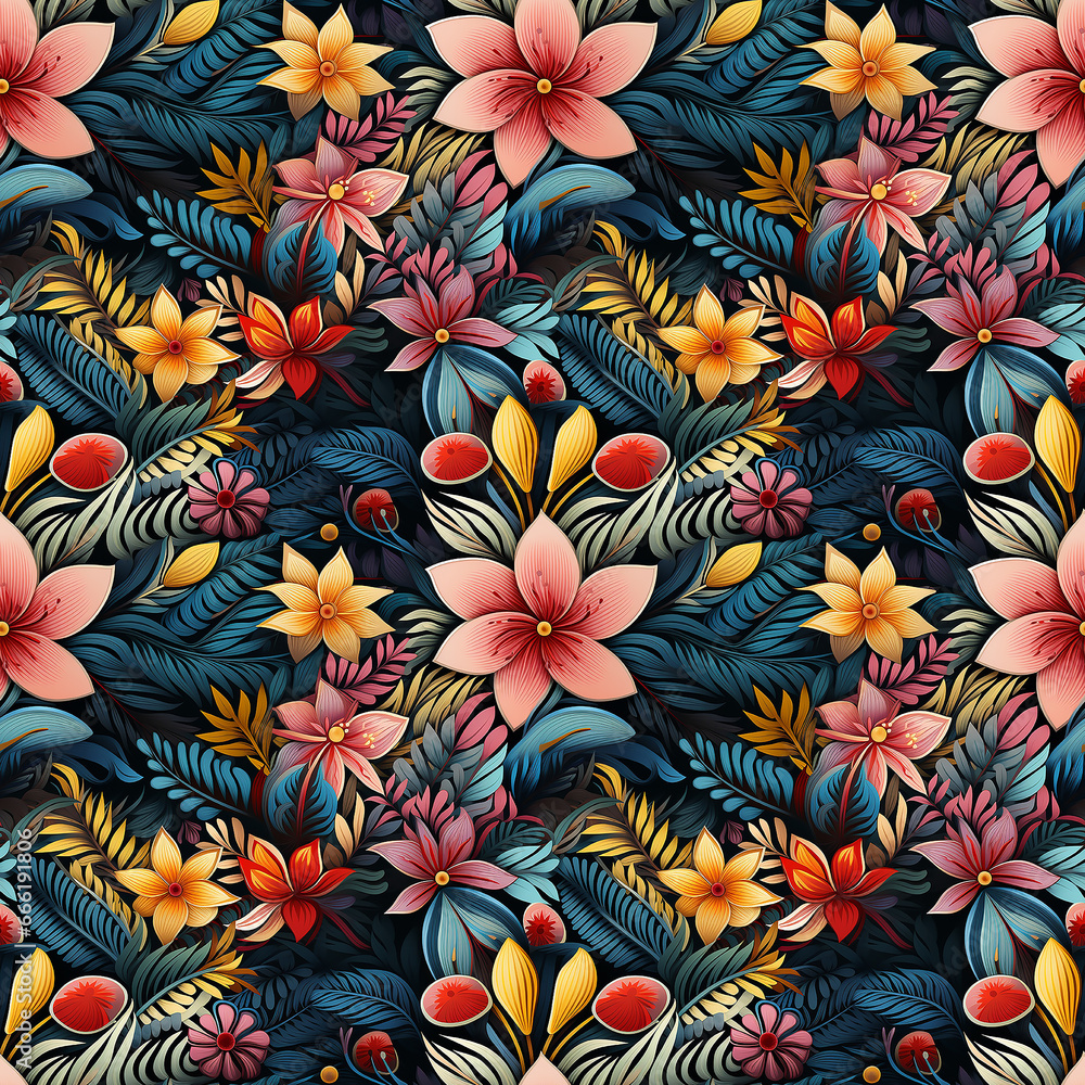 tropical leaves flowers birds. Seamless pattern.