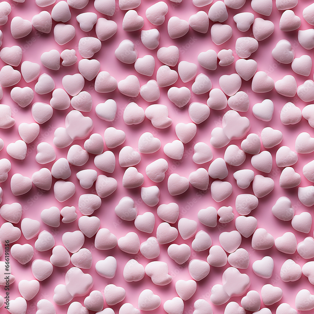 pink marshmallows heart on minimalist pink background. Seamless pattern.