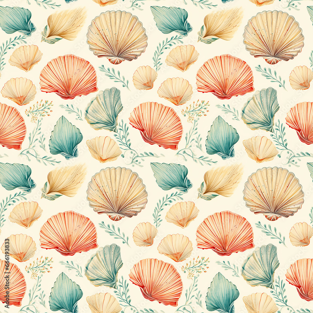 A Vintage Ocean Background Watercolor Seashell Seamless pattern.