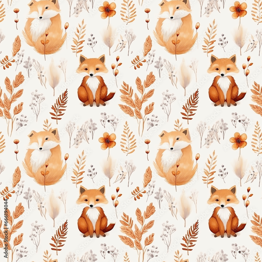 Cute fox fall autumn forest flower watercolor. Seamless pattern.