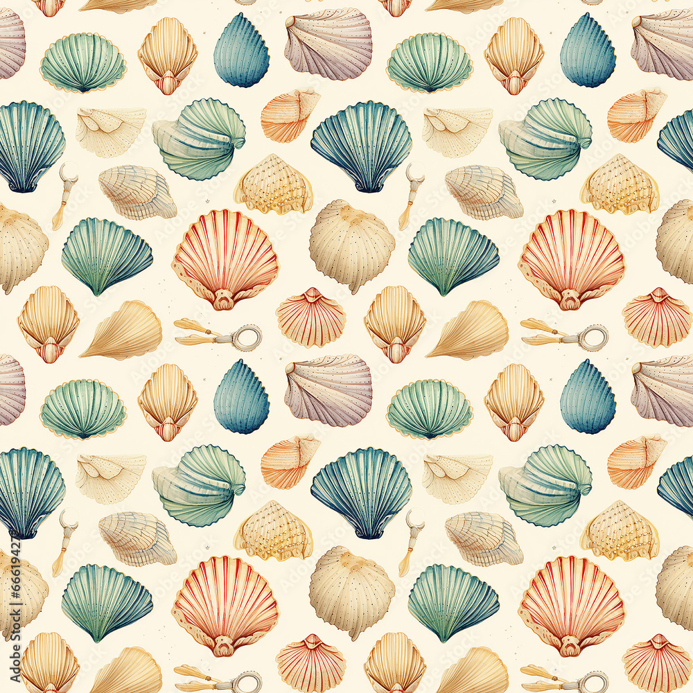 A Vintage Ocean Background Watercolor Seashell Seamless pattern.