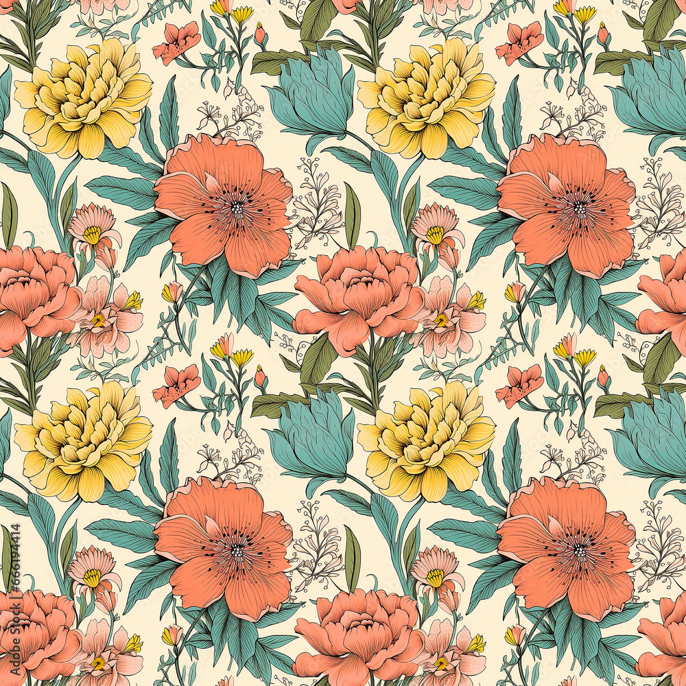 retro flowers botanical illustration. Seamless pattern.