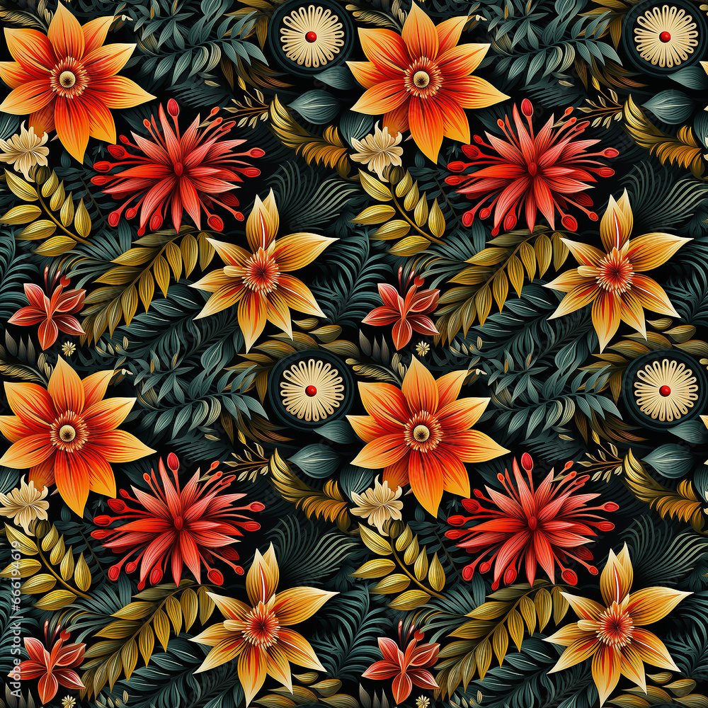 tropical leaves flowers birds. Seamless pattern.