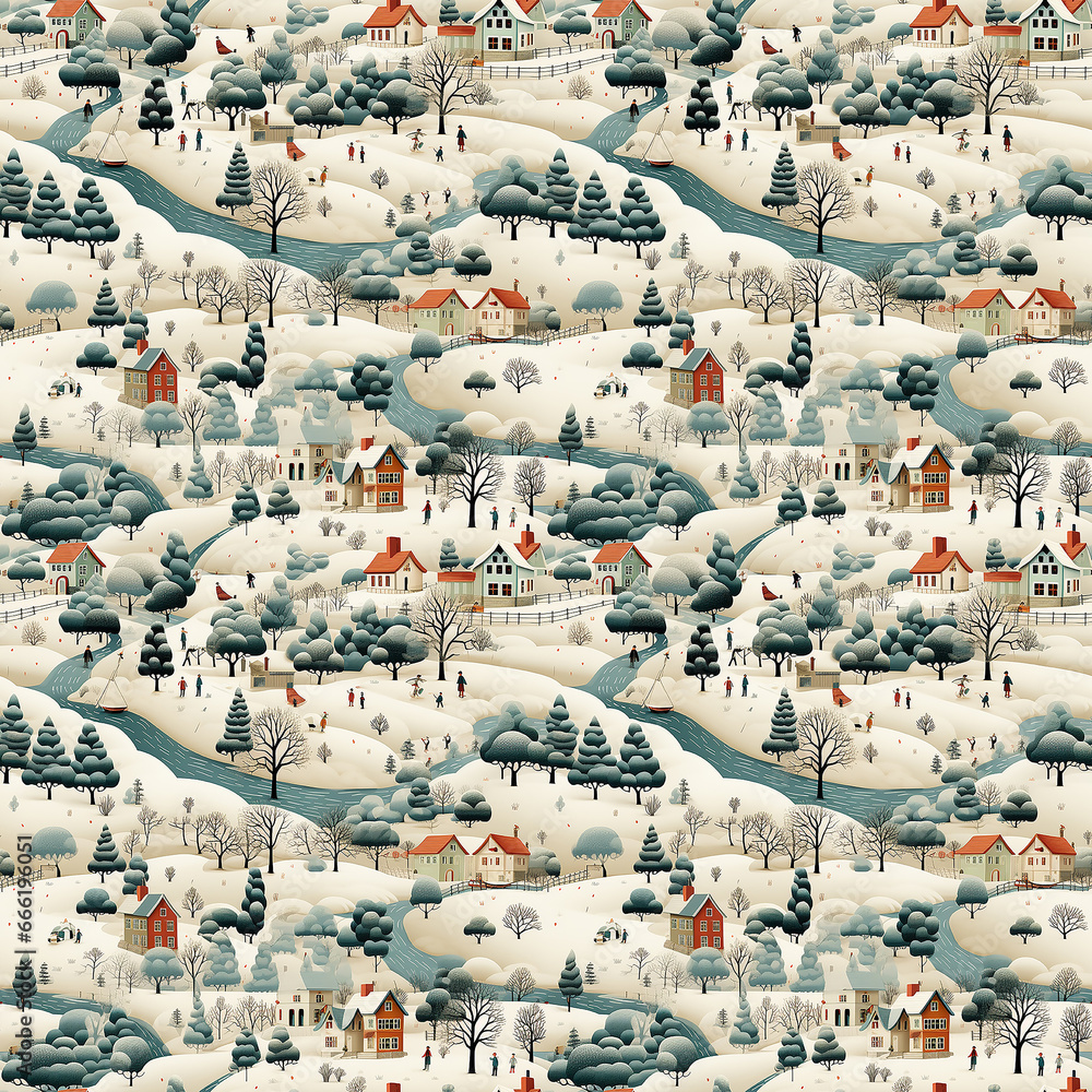 winter in litte town  naive art. Seamless pattern.