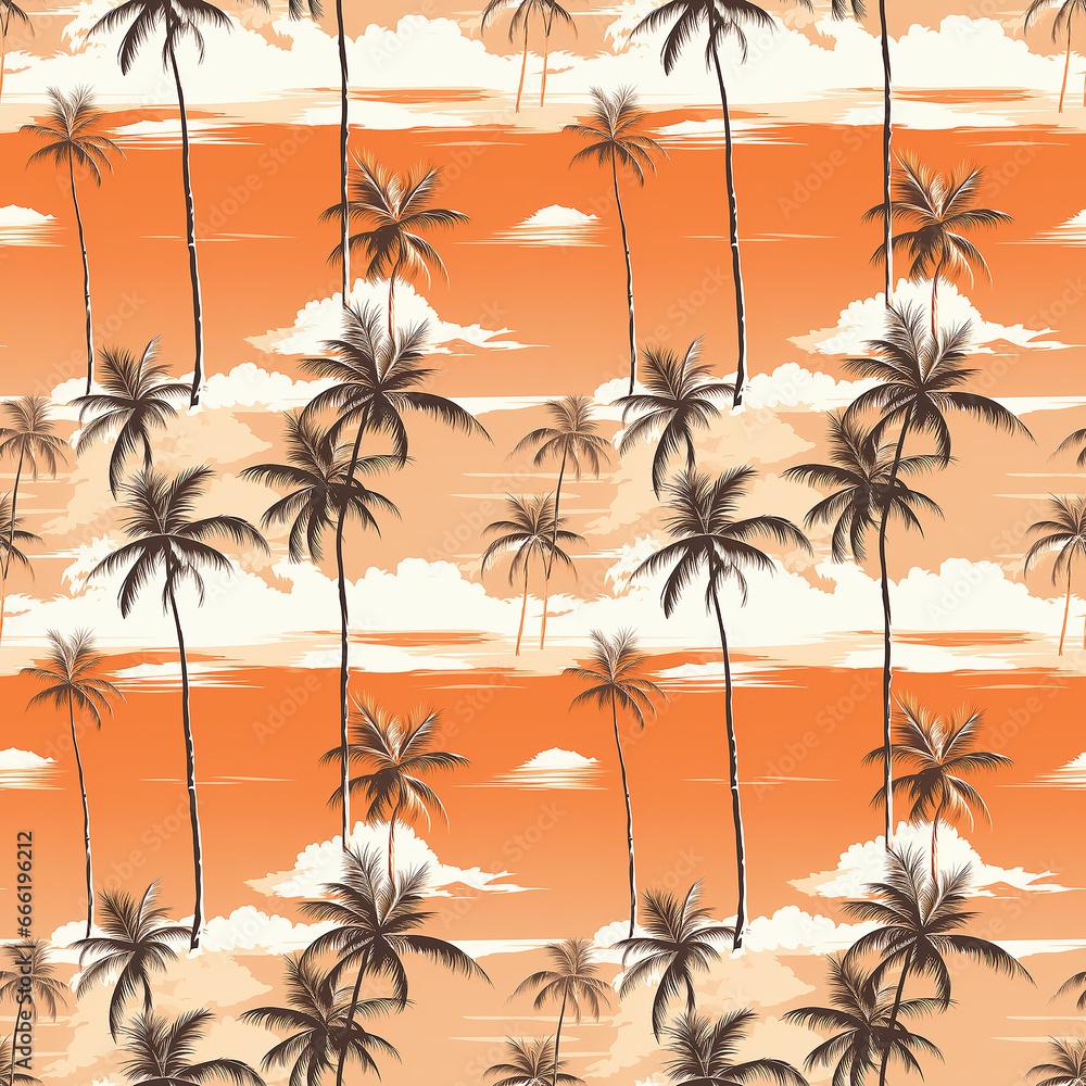 Seamless tropical pattern palm trees on an orange background