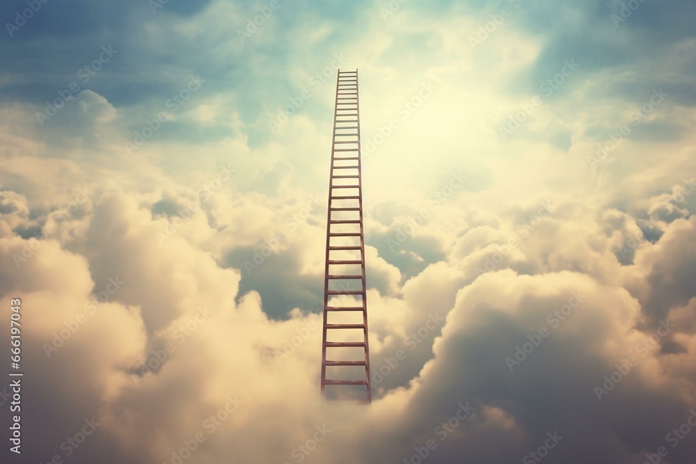 A ladder stretching towards the sky among the clouds. Generative AI