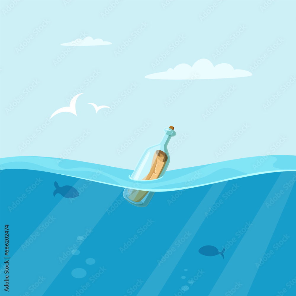 Bottle in sea. Outdoor background with open sea space. Vector marine landscape